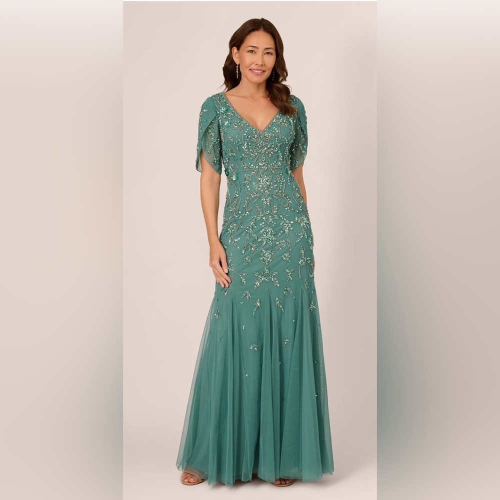 Adrianna Papell - Green Slate Beaded Mermaid Gown with Sheer Petal Sleeves